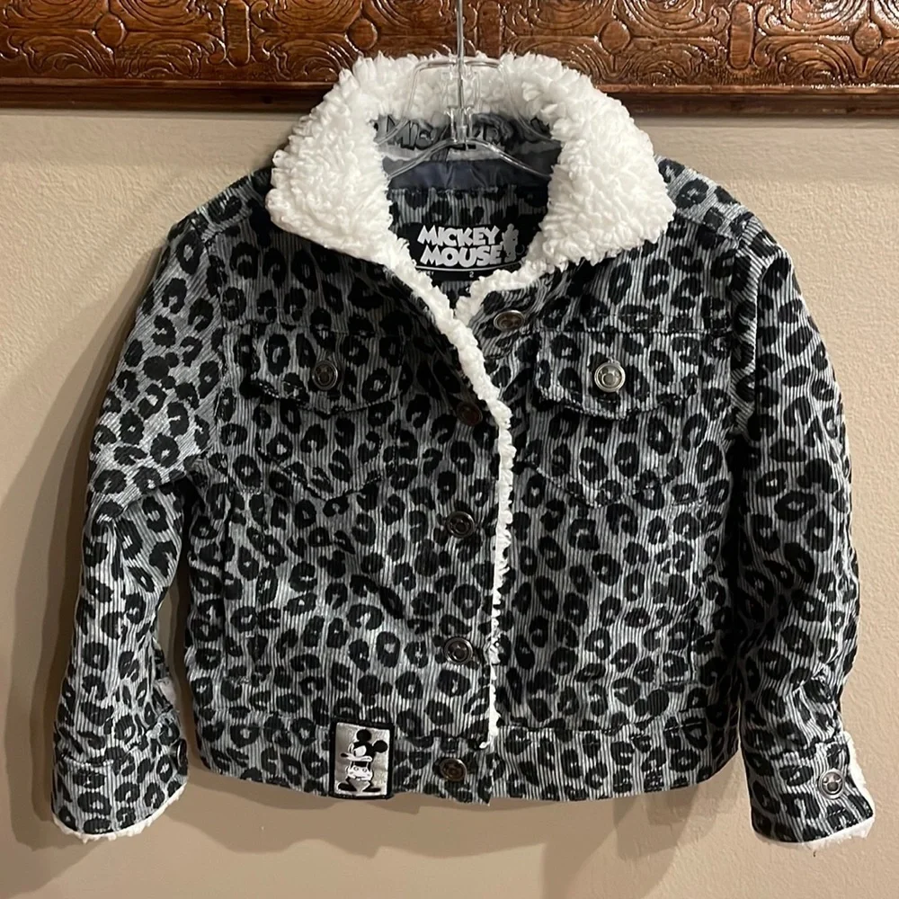 Disney baby girls MICKEY MOUSE corduroy faux Sherpa jacket gray animal pockets 2